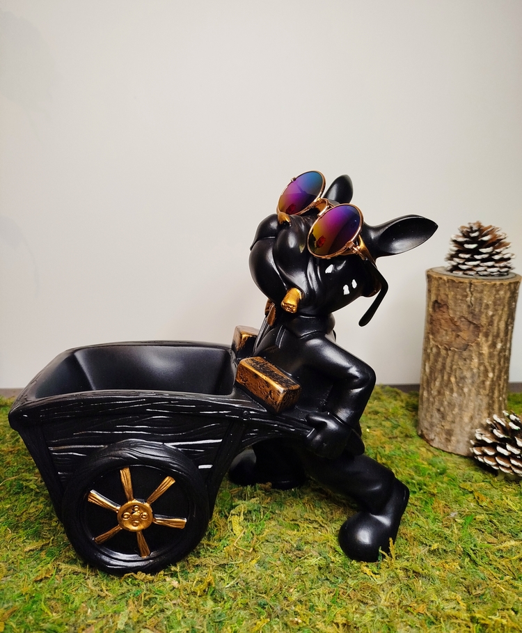Plateau décoratif chien noir et doré avec lunettes – vide-poches design