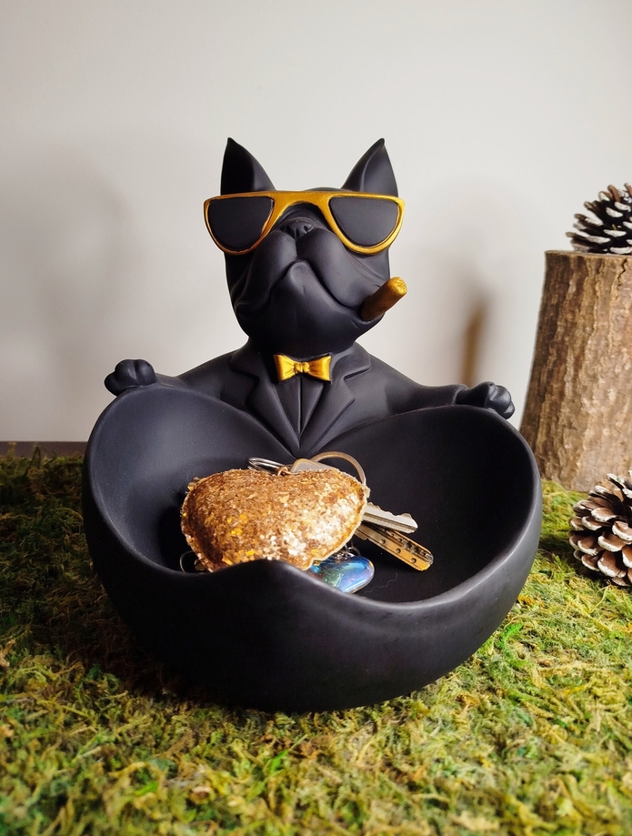 Plateau décoratif chien noir et doré avec lunettes – vide-poches design