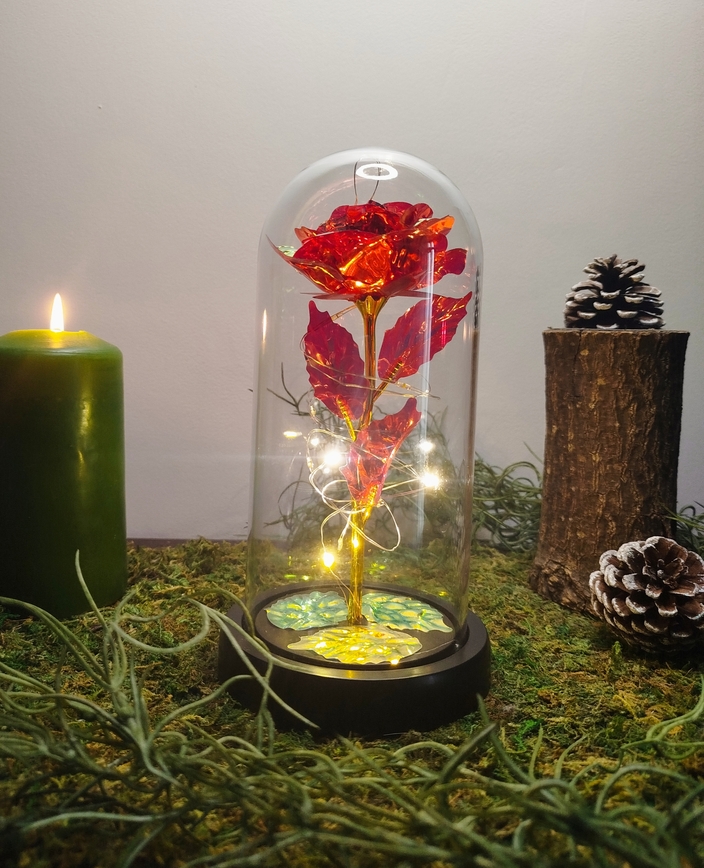 Rose éternelle rouge sous cloche LED – cadeau romantique