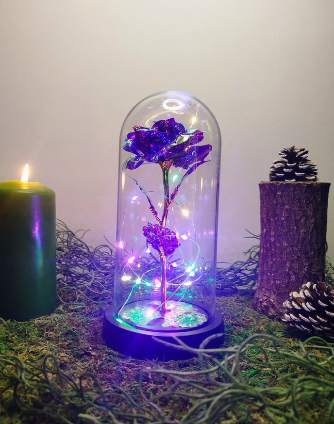 Rose éternelle violette sous cloche LED – cadeau romantique
