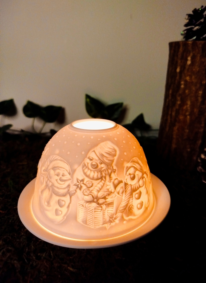 Support bougie en porcelaine bonhomme de neige