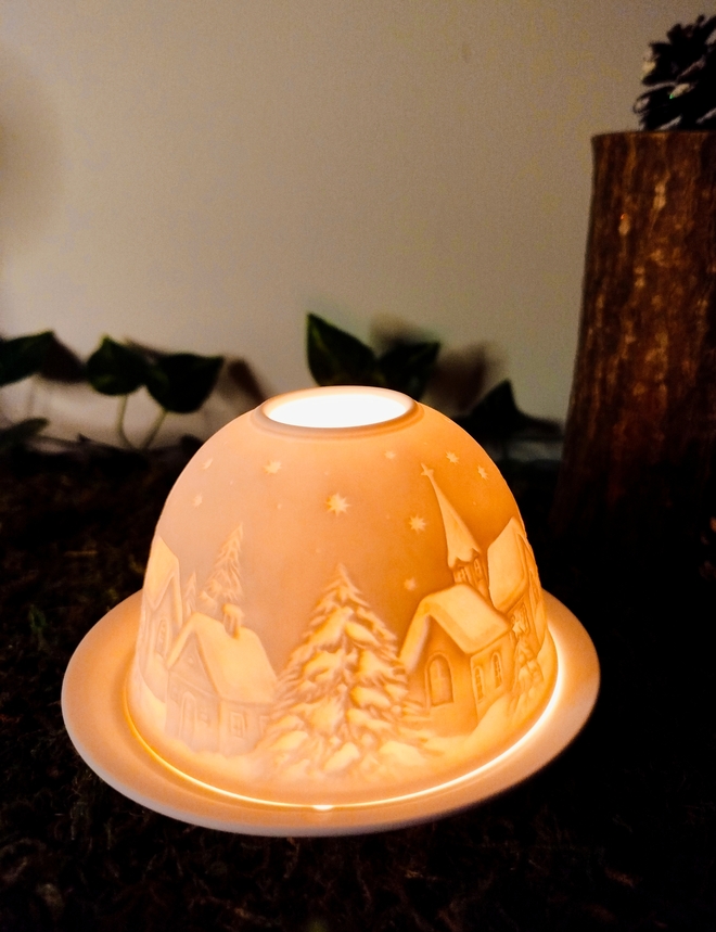 Support bougie porcelaine village enneigé