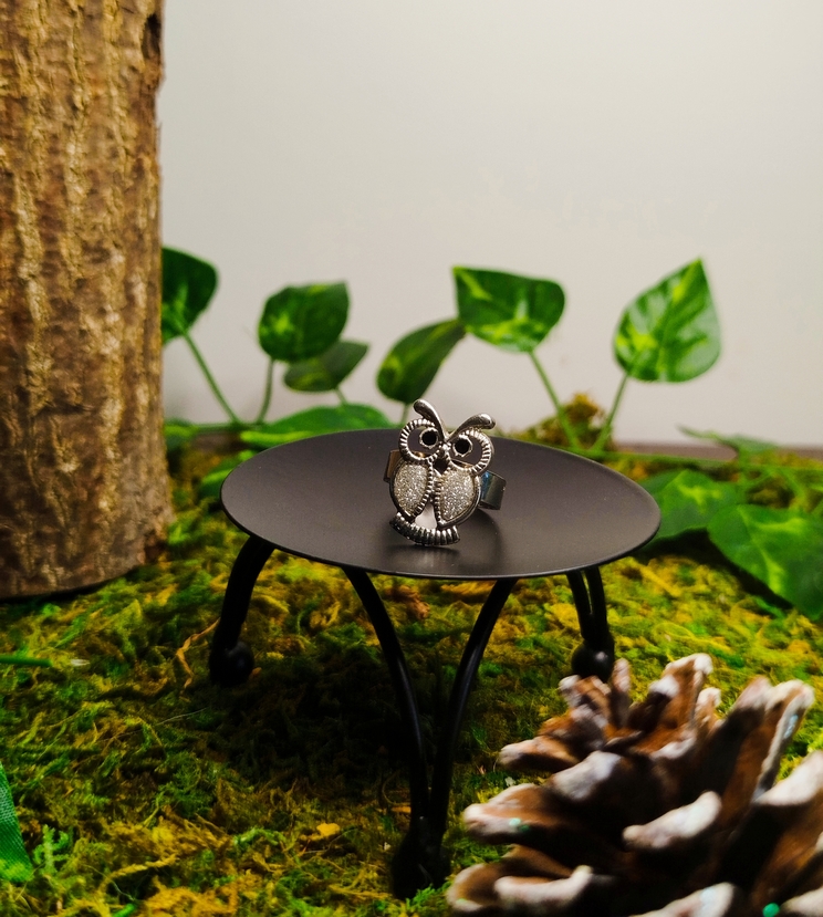 Bague réglable hibou argenté avec strass