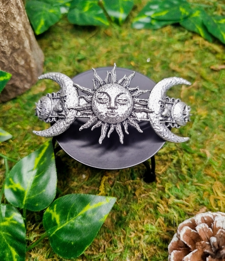 Barrette argentée pour cheveux sorcière soleil lune