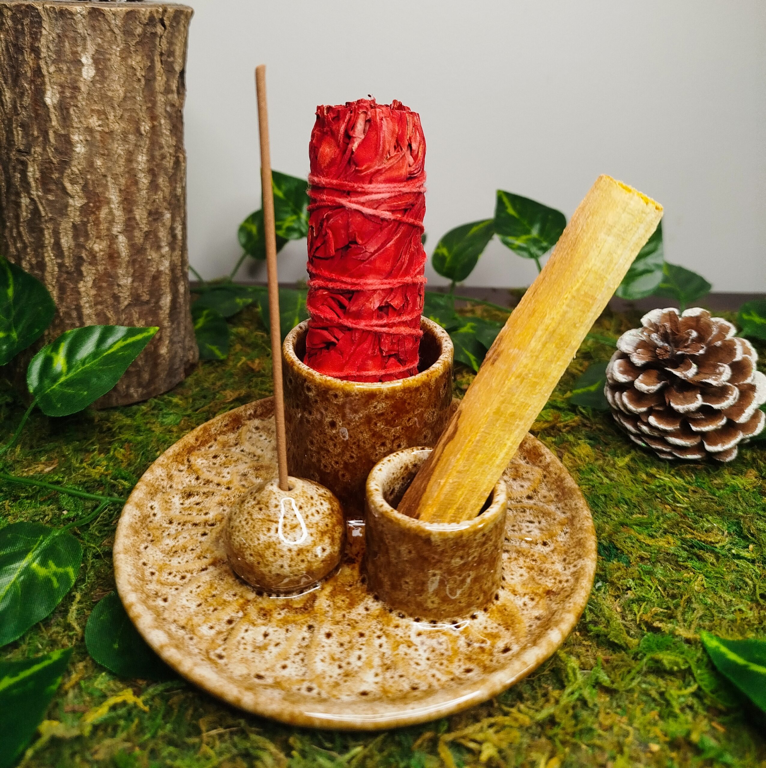 Support trio fumigation, baguette encens, sauge blanche, palo santo, sang de dragon