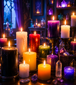 Bougies spirituelles de protection de différentes couleurs allumées pour accompagner les intentions et les rituels symboliques / signification