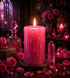 Bougie rose allumée symbole d'amour, de tendresse et d'harmonie.
