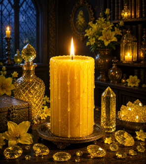 Bougie jaune allumée symbole de confiance en soi, de réussite et de lumière.