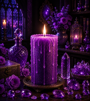 Bougie violette allumée représentant la spiritualité, l'intuition et la sagesse intérieure.