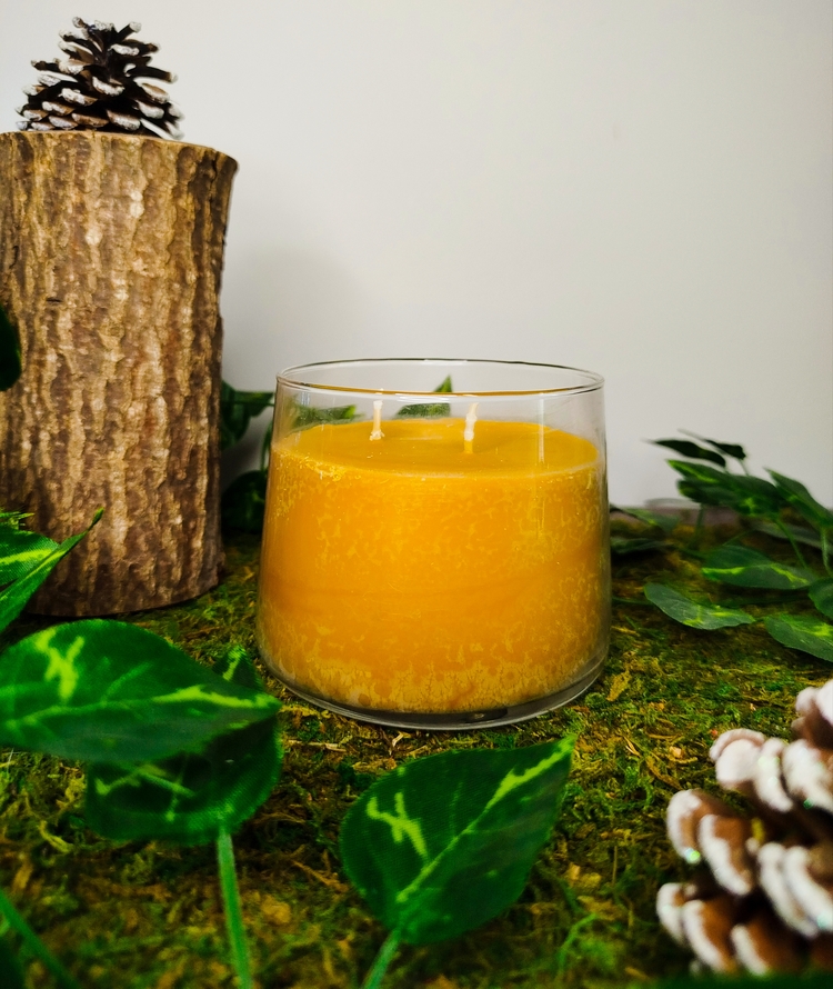 Bougie parfumée à la vanille et au caramel en cire végétale avec deux mèches, présentée dans un pot en verre transparent.