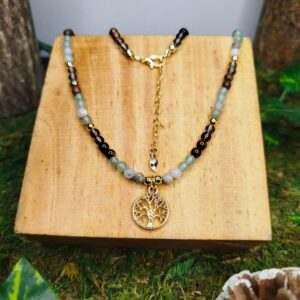 Collier Arbre de Vie en Obsidienne Fumée, Œil de Tigre, Labradorite & Aventurine