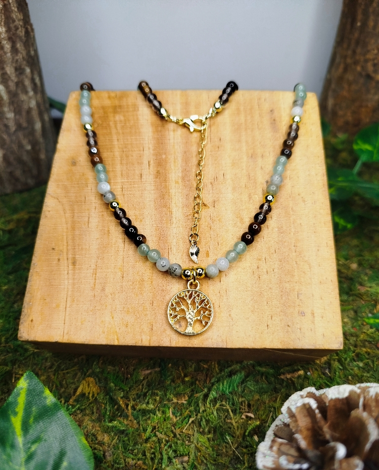 Collier réglable arbre de vie, obsidienne fumée, œil de tigre, labradorite & aventurine