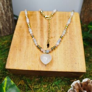 Collier Cœur en Pierre de Lune, Morganite & Hématite