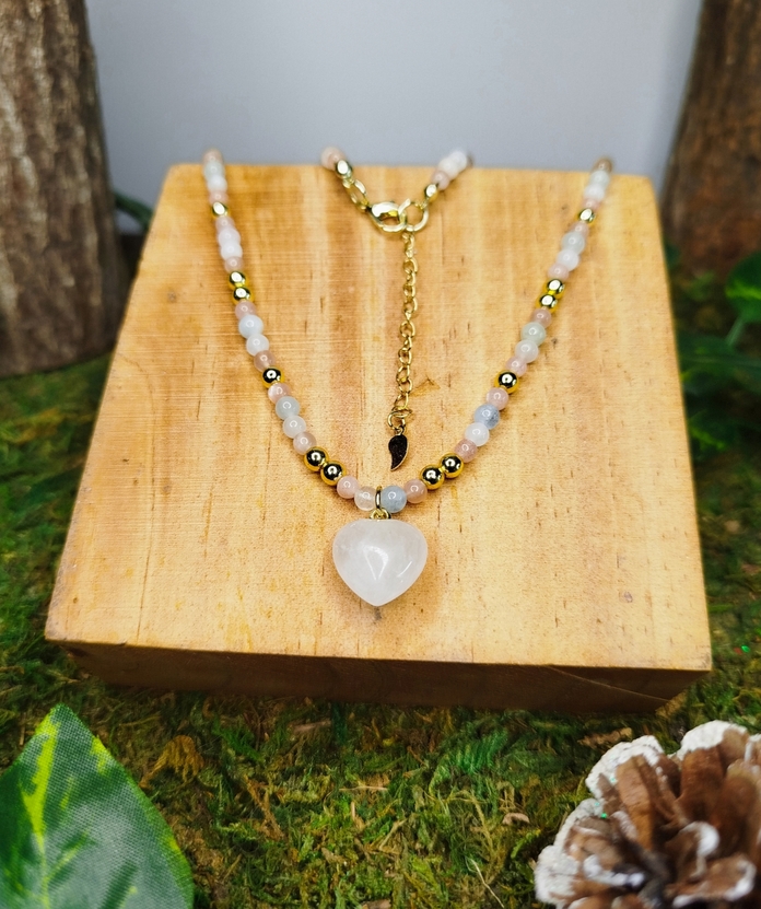 Collier réglable cœur, pierre de lune rose, morganite, pierre de lune blanche & hématite