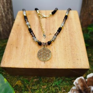 Collier Fleur de Vie en Tourmaline Noire, Obsidienne Fumée, Labradorite & Hématite