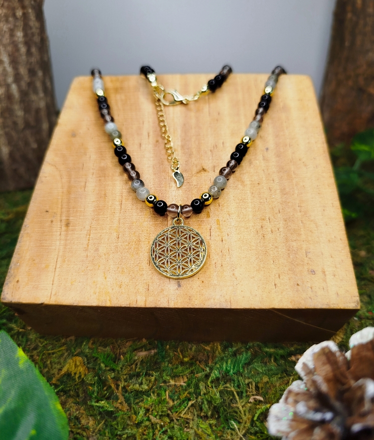 Collier réglable Fleur de Vie, tourmaline noire, obsidienne fumée, labradorite & hématite